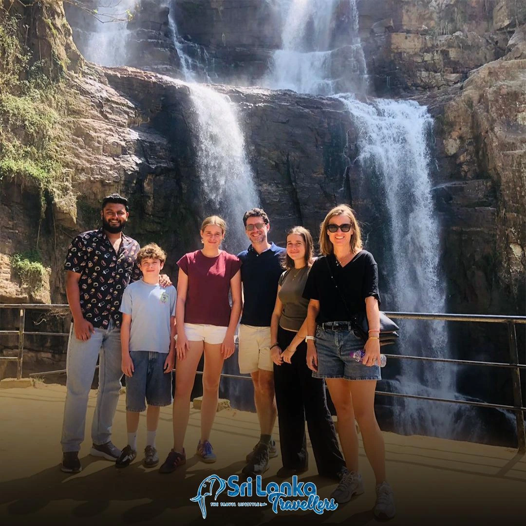 Australian travellers at a Sri Lanka waterfall